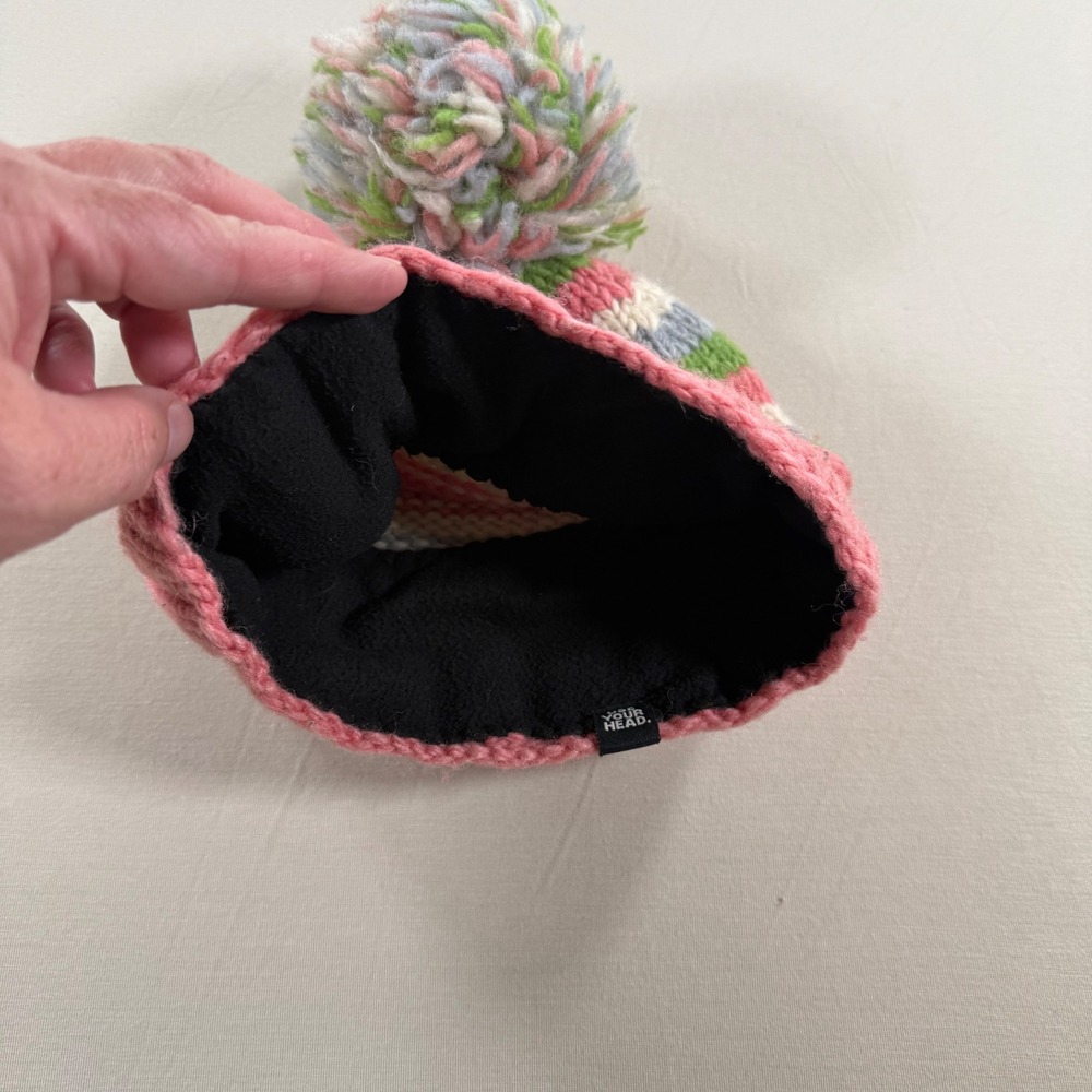 Ambler Mountain Works‎ Kids Small Wool Beanie Pink Green Striped Pom Pom Fleece - Picture 2 of 4